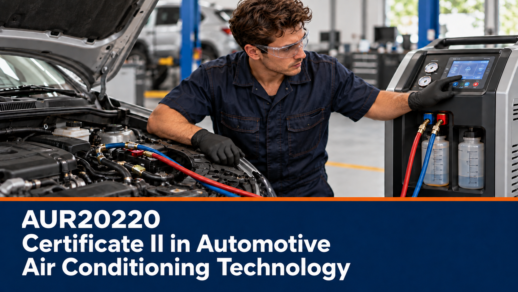 Technician servicing automotive air conditioning, AUR20220 Certificate II in Automotive Air Conditioning Technology