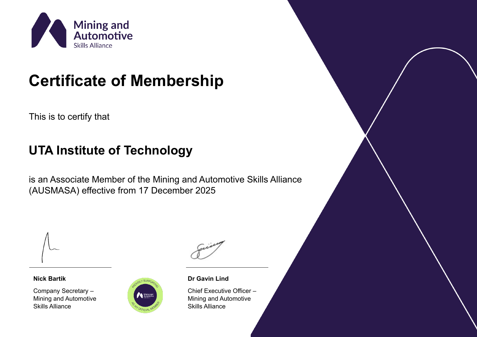 AUSMASA Associate Membership certificate for UTA Institute of Technology