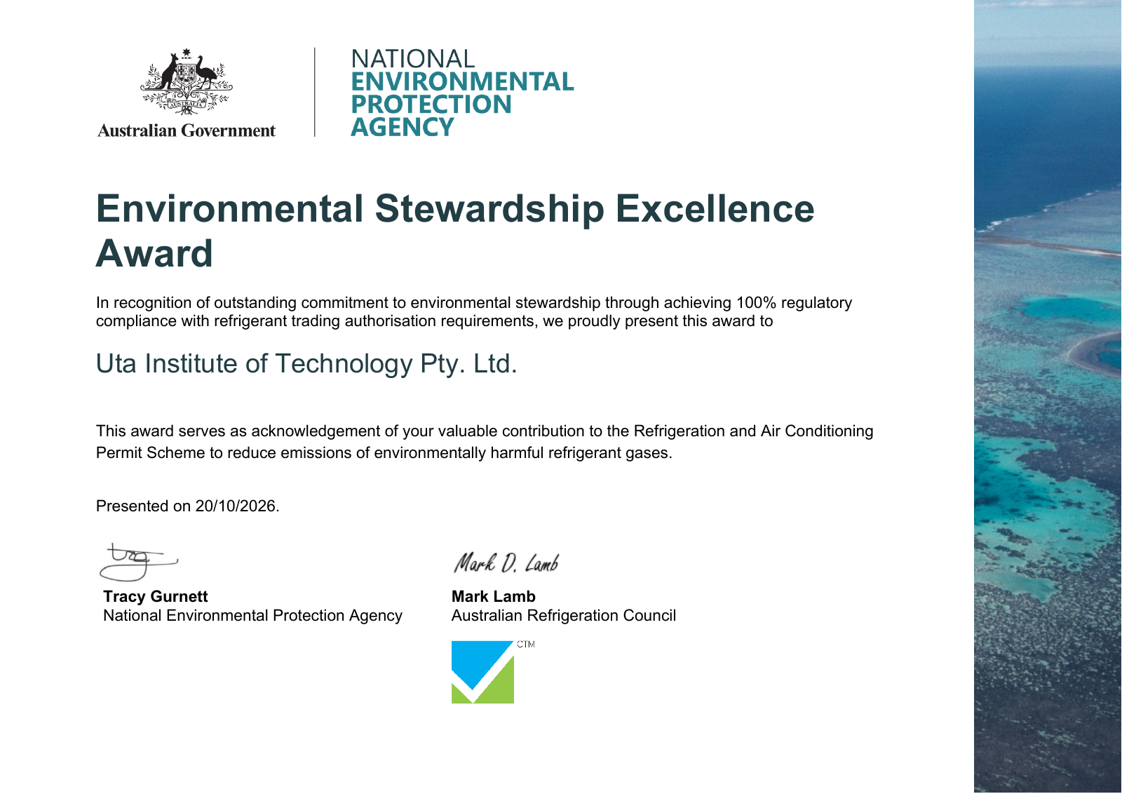 Environmental Stewardship Excellence Award presented to UTA Institute of Technology on 20 October 2026